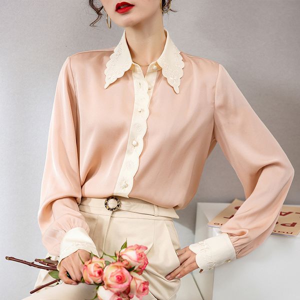 

blouses spring fashion embroidered collar 100% real silk elegant female blouse office lady shirts party, White