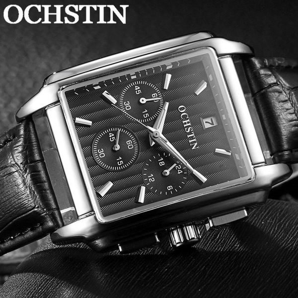 

wristwatches ochstin man wristwatch chronograph calendar genuine leather men quartz watch military army sport male clock 06, Slivery;brown