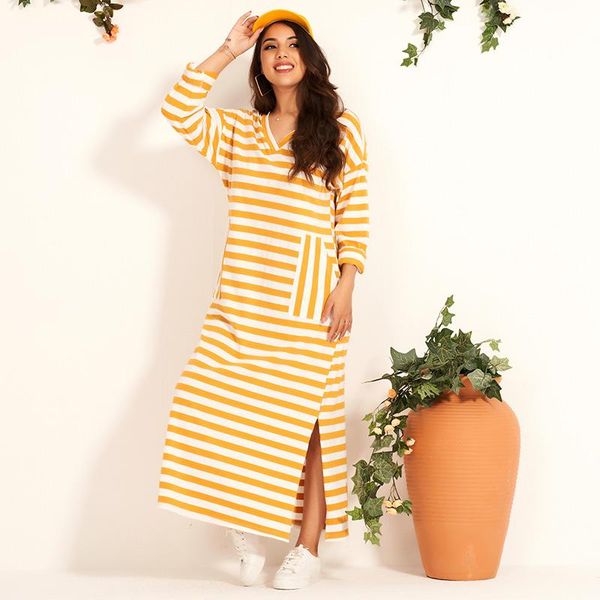 

casual dresses summer women's v-neck sweet style long-sleeved striped knitted stretch loose open end arabian dress large size long, Black;gray