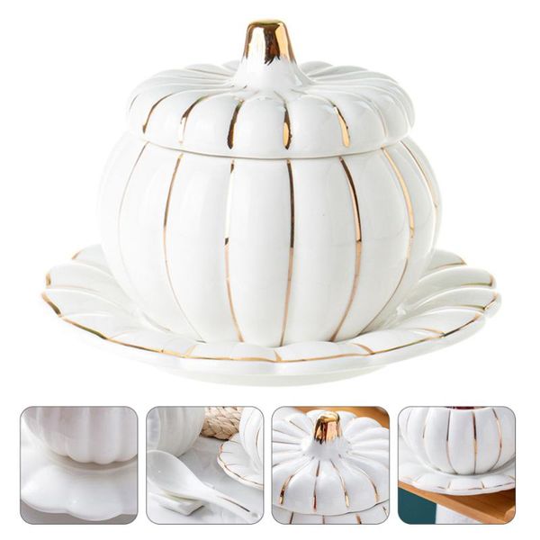 

set ceramic pumpkin style cup dish practical bowl with lid (white) mugs