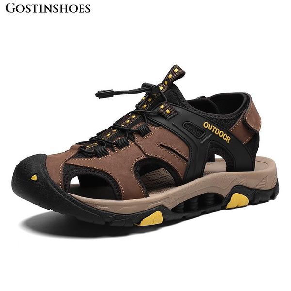 

sandals sandalias para hombre mens sandles closed toe large size genuine leather casual anti slip chalas, Black