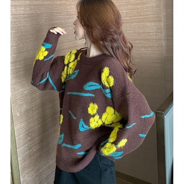 

sweater knit meitong brown flower pullover women's loose korean large version autumn and winter lazy wind backing thick, White;black