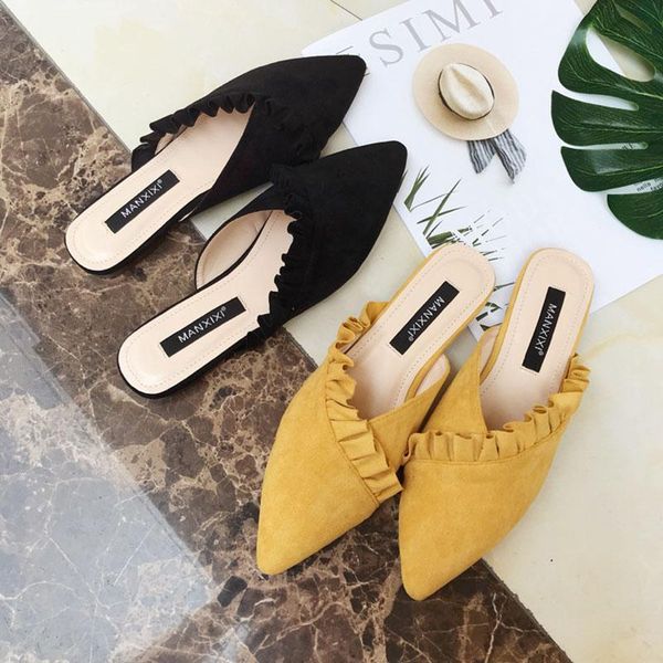 

slippers femme flat spring celebrity sweet candy color mules ruffles pointy babouche kid suede closed toe slides shoes woman, Black