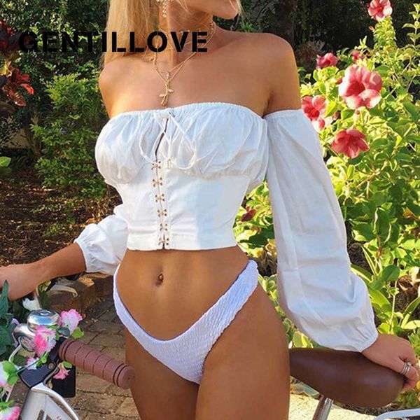 Jocoo Jolee Donna Estate Manica lunga con spalle scoperte Camicetta sottile Elegante bianco Top corto Camicie con lacci sexy Streetwear 210619