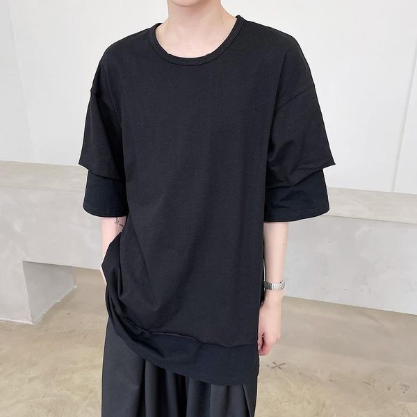 

light mature style neutral double deck stitching short sleeve fake two summer design basic solid color t-shirt men's dark pants, Black