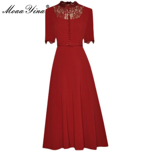 Designer de moda verão vestido vermelho mulheres manga curta laço retalhos de cintura alta cintura festa elegante MIDI 210524