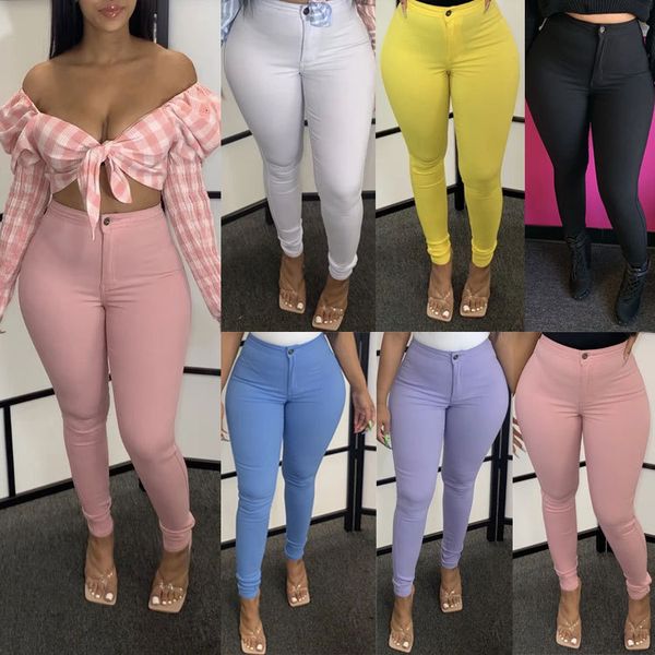 

jean women casual fashion washed stretch skinny jeans simple solid color ladies denim thin pencil pants, Blue