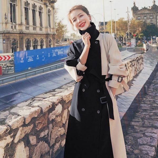 

women's trench coats 2021 long high-end atmosphere british style loose color matching female windbreaker jacket, Tan;black