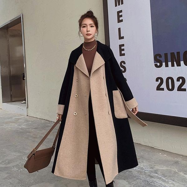 

women's wool & blends [ewq] autumn and winter 2021 korean loose temperament coat contrast color double breasted coats female fashion 2c, Black