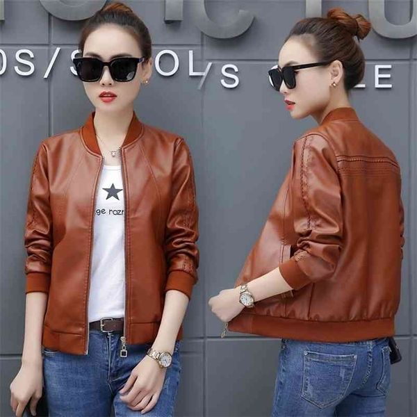 

women biker jacket spring autumn slim long sleeve zipper black faux leather coats female outwear ladies plus size coat 210602