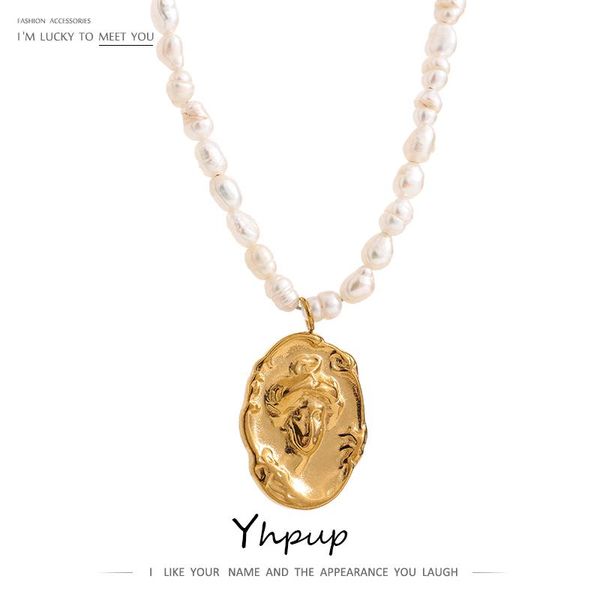 

pendant necklaces yhpup 2021 stainless steel jewelry natural pearl chain necklace golden portrait collar accessories party gift, Silver
