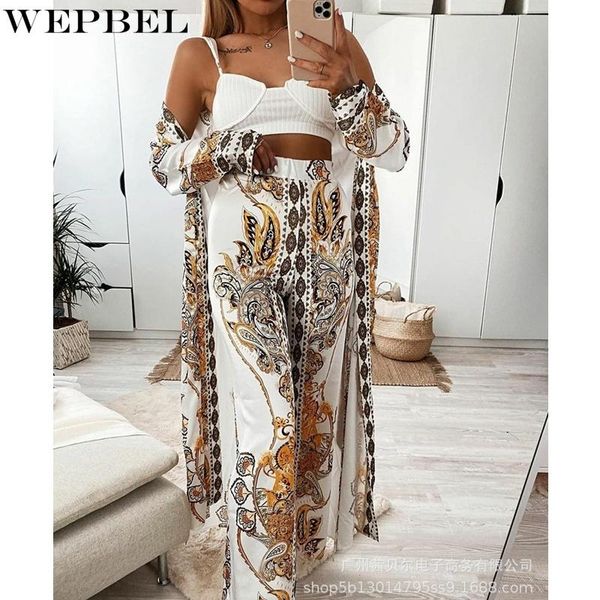 

women's two piece pants wepbel casual printed loose suit autumn fashion high waist wide leg + long sleeve cardigan large coat, White