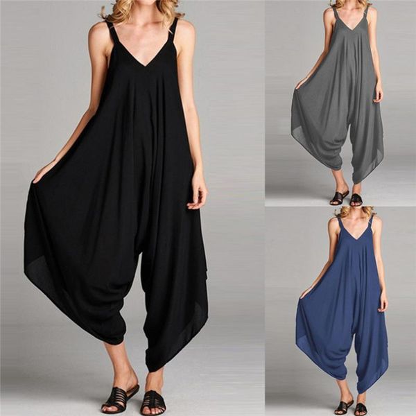 

women's jumpsuits & rompers 2021 summer plus size women solid long strappy v neck casual loose wide legs playsuit jumpsuit street-wear, Black;white