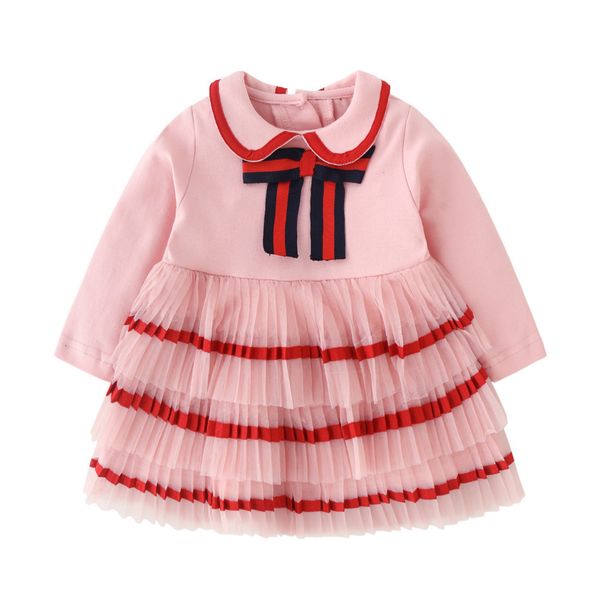 

girl's dresses infant clothing spring pink bow cotton pleated girl dress12 months long sleeve baby birthday dress 2 year 1027, Red;yellow