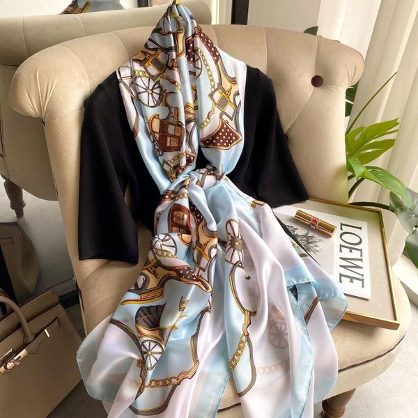 

scarves 2021 luxury women silk scarf large shawls female hijabs neck foulard echarpe design print lady beach stole pashmina bandana, Blue;gray