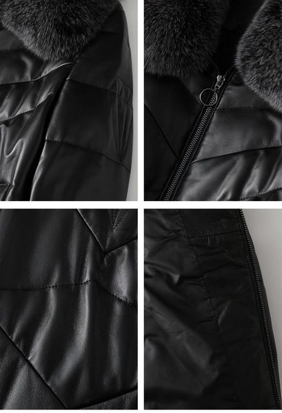 

women's leather & faux winter sheepskin coat female genuine duck down jackets woman fur collar parkas coats cuero genuino, Black