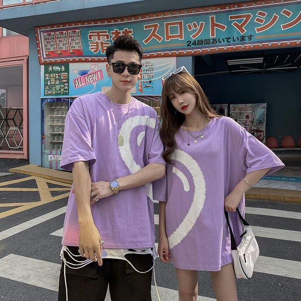 

love graphic men tshirts funny heart-shaped ripped hole short sleeve loose woman oversized couples matching clothes men's t-shirts, White;black