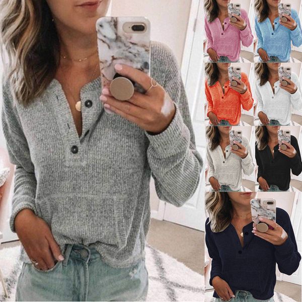 

2021 new women's wear rib solid open button long sleeve t-shirt women's wear, White