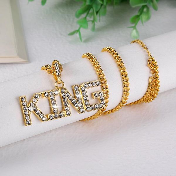 

pendant necklaces men hip hop full rhinestone king letters pendants bling iced out cuban link chain hiphop necklace male jewelry, Silver