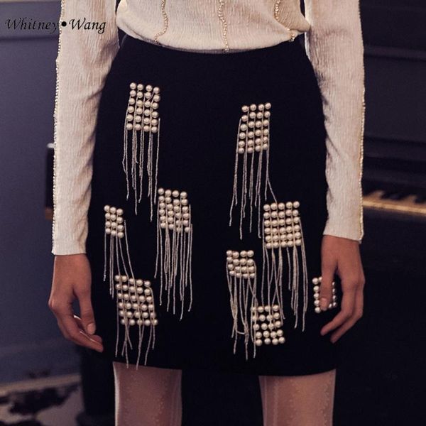 

skirts whitney wang 2021 spring fashion streetwear designer style pearls beading tassel skirt women stylish party mini, Black