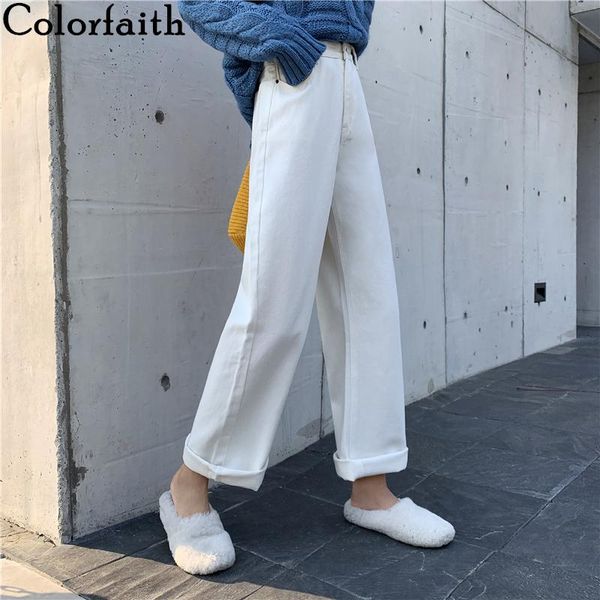 

women's jeans colorfaith 2021 women summer high waist casual trousers straight denim streetwear wide leg ankle-length pants j3838, Blue