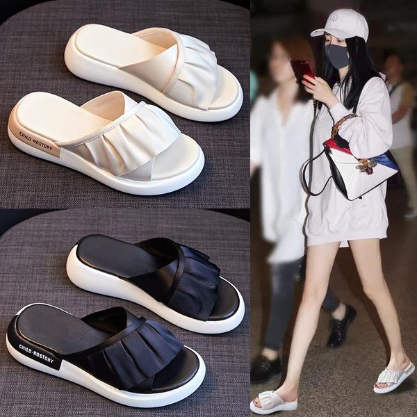 

brcchenxi 2021 summer slippers women shoes ruffles platform flat outside slides woman flip flops, Black