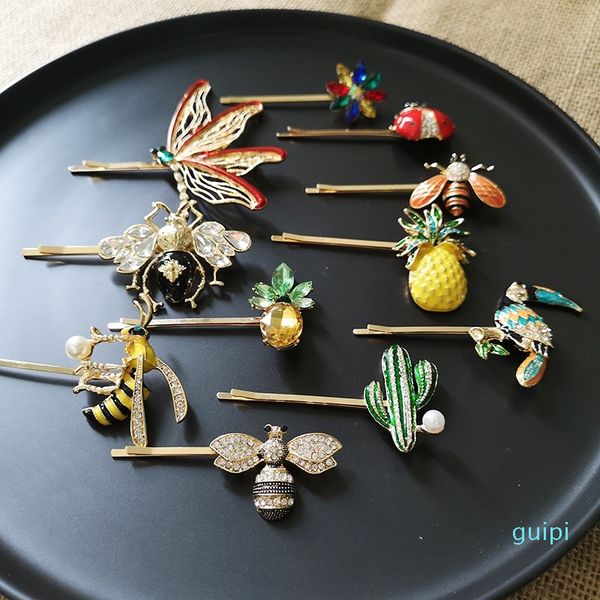 

fashion hair clips for women cute animal brids cactus ladybug bee pineapple hairpin crystal hairclip hair jewelry, Golden;silver
