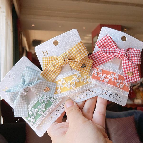

hair accessories 2 pcs fashion cute children girl plaid fabric bow duckbill clip simple beautiful embroidery flower bb, Slivery;white