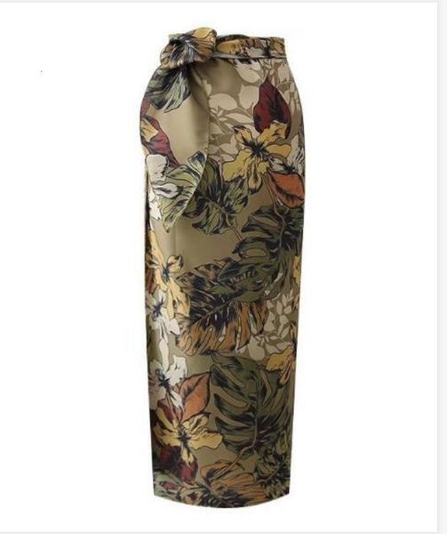 

flower leaves print bow tie sashes wrap vintage women high waist slim fit mid-calf long pencil skirts holiday, Black