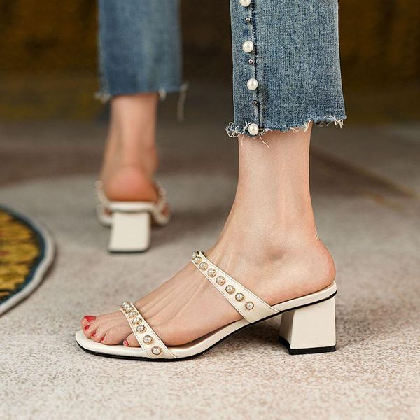 

dress shoes women genuine leather for sandals fashion string bead high heels summer handmade slippers size 34-40, Black