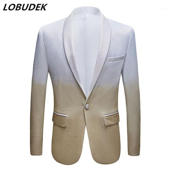 

men's suits & blazers shiny silver gold gradient blazer fashion one button slim casual coat bar evening party host singer business suit, White;black