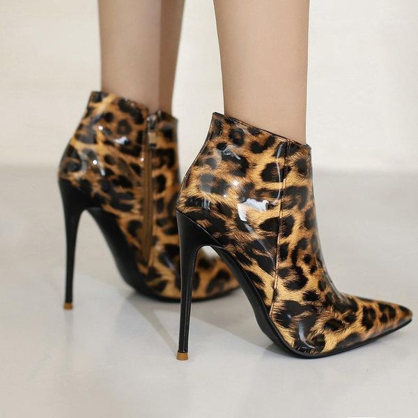 

boots leopard print stiletto ankle fashion patent leather high heel women autumn winter woman shoes big size 41 42 43, Black