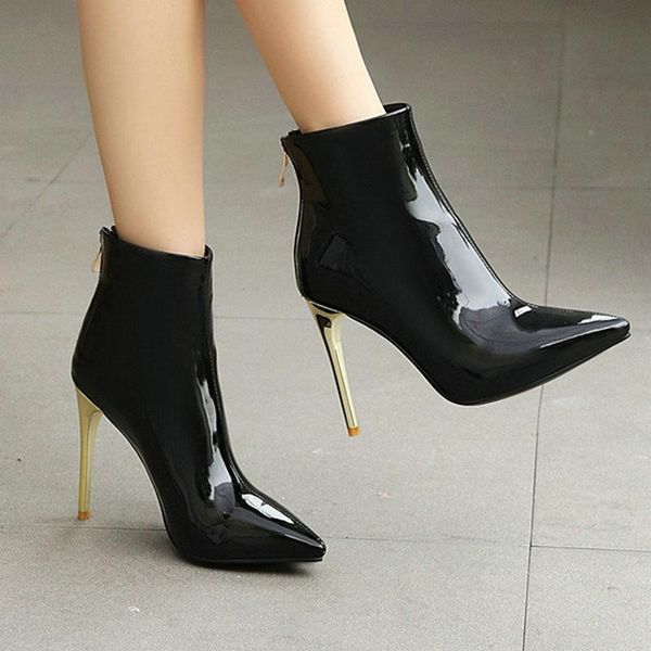

boots fashion women's shoes stilettos women short patent leather back zipper nude winter warm, Black