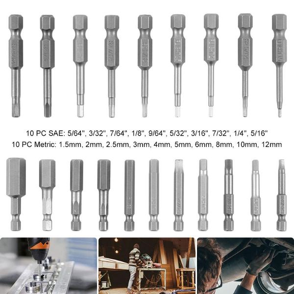 

professional drill bits hex head allen wrench bit set 20pc (10pc metric & 10pc sae) 1/4" quick release shank magnetic screwdriver