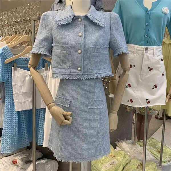 

french vintage tweed 2 piece set women crop woolen jacket coat + mini skirt suits korean sweet two outfits 210514, White