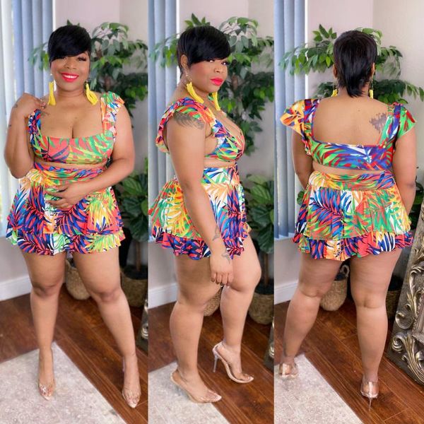 

plus size tracksuits women 2 pices set summer boho flower printed crop + ruffle skirts elegant two piece sets 4xl 5xl beach outfits, Black