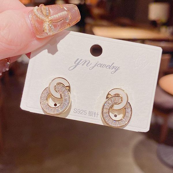 

stud luxury 14k real gold simple zircon double ring s925 silver needle elegant earrings for women cubic zc, Golden;silver