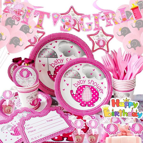 Decorazione per feste Tema elefante rosa Stoviglie Bicchieri di carta Piatti Tovaglioli Banner Rivelazione del genere Forniture per compleanno per baby shower
