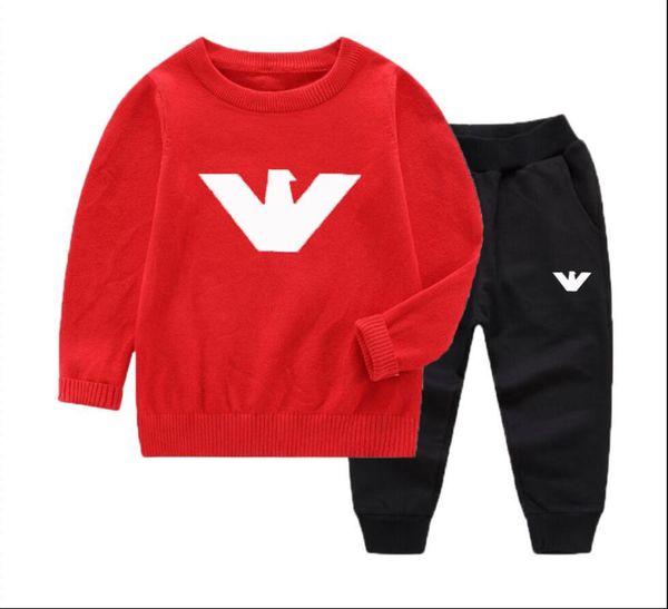 

kids knitted sweater new classic printing baby sets t-shirt jacket pants two-piec 1-8 years olde suit fashion children's 2pcs cotton cl, White