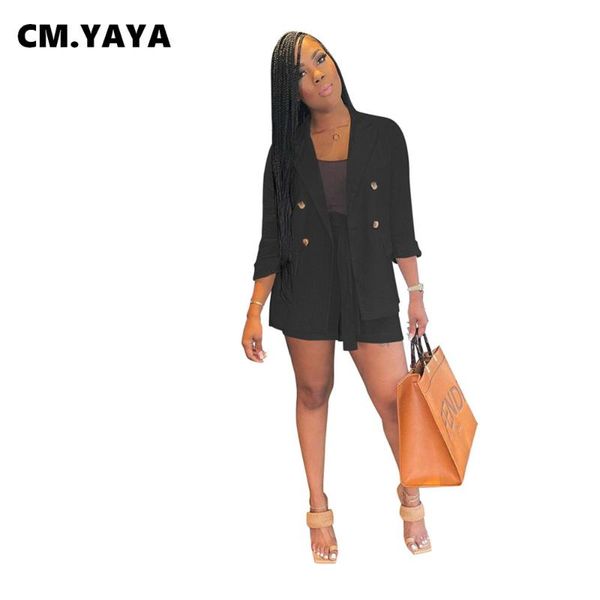 

women's tracksuits cm.yaya women set solid full sleeve notched collar double breated shirts shorts two 2 piece sets office lady outfit, Gray