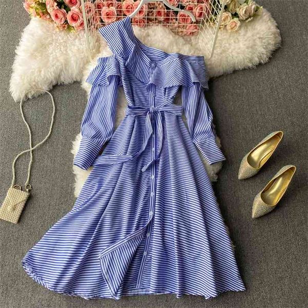 

korean version of v-neck vestidos women's spring dress striped a-line skirt age-reducing fashion midi gk429 210507, Black;gray