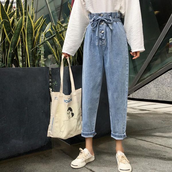 

women's jeans women's spring/autumn fashion casual loose buttons lace up pocket high waist ankle-length pants, Blue