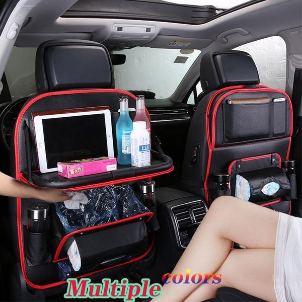 

car organizer seat back storage bag with trash bin folding table pu leather protector accessoires