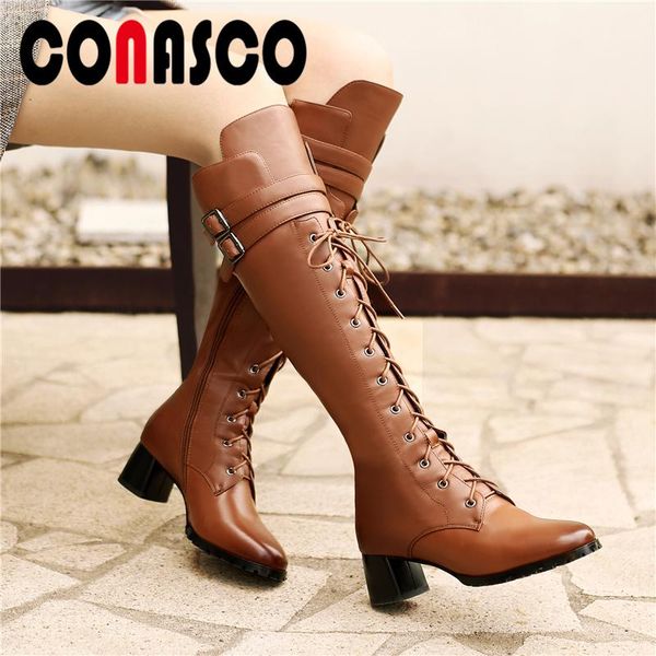 

boots conasco fashion genuine leather women mid-calf autumn winter buckle cross-tied side zipper slim long shoes woman, Black