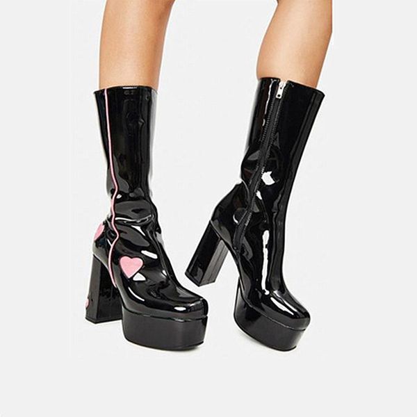 

boots autumn winter fashion patent leather knight lady color matching love square high heel mid calf platform zipper shoes, Black