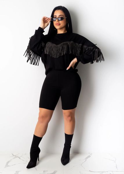 

rhinestones tassels women tracksuits fashion long sleeves loose sweatshirt tees ny shorts sets solid girls outfits real image, Gray