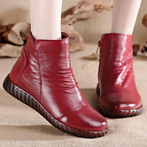 

boots women's fashion pleated genuine leather for women manual sewing ankle woman soft autumn winter socofy1, Black