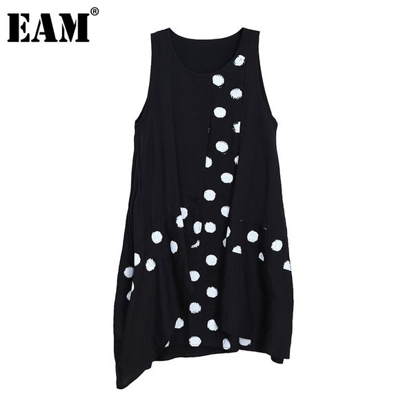 

[eam] women black print spliced irregular dress round neck sleeveless loose fit fashion spring summer 1dd8183 210512, Black;gray