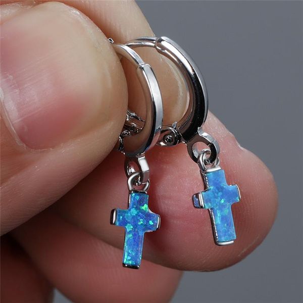 

hoop & huggie charm silver color small earrings cute female white blue opal stone cross vintage bride wedding for women, Golden;silver