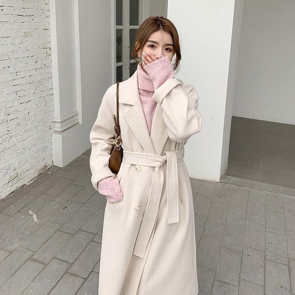 

women's wool & blends 2021 winter women coat belt loose long korean autumn female jacket woolen overcoat fashion thick outwear, Black